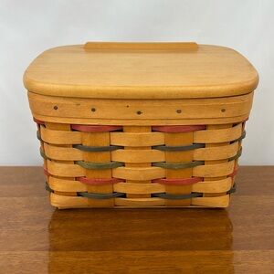 Longaberger Basket with Lid - Tan, Red, Green Accents